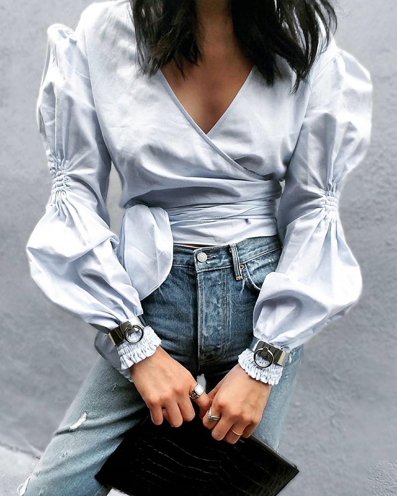 

Solid Tied Design Puff Sleeve Blouse