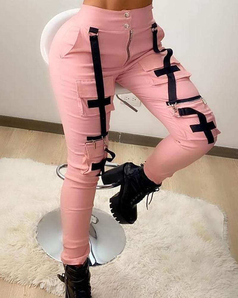 

Strap Decor Pocket Design Cargo Pants, Pink