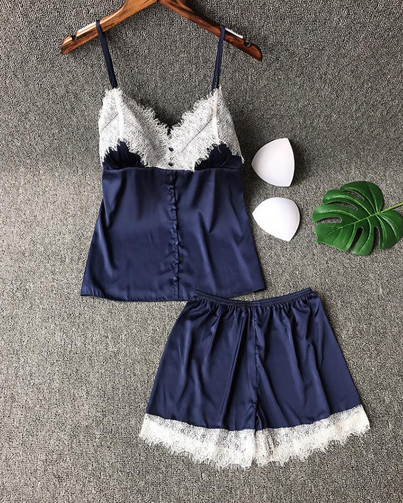 

Spaghetti Strap Lace Trim Sleepwear Cami Set, Dark blue