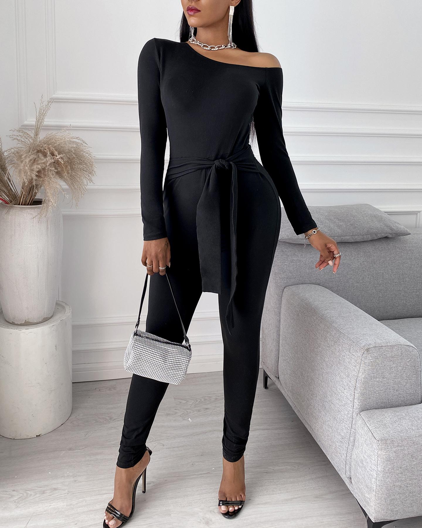 

Plain Off Shoulder Tie Detail Long Sleeve Jumpsuit, Black