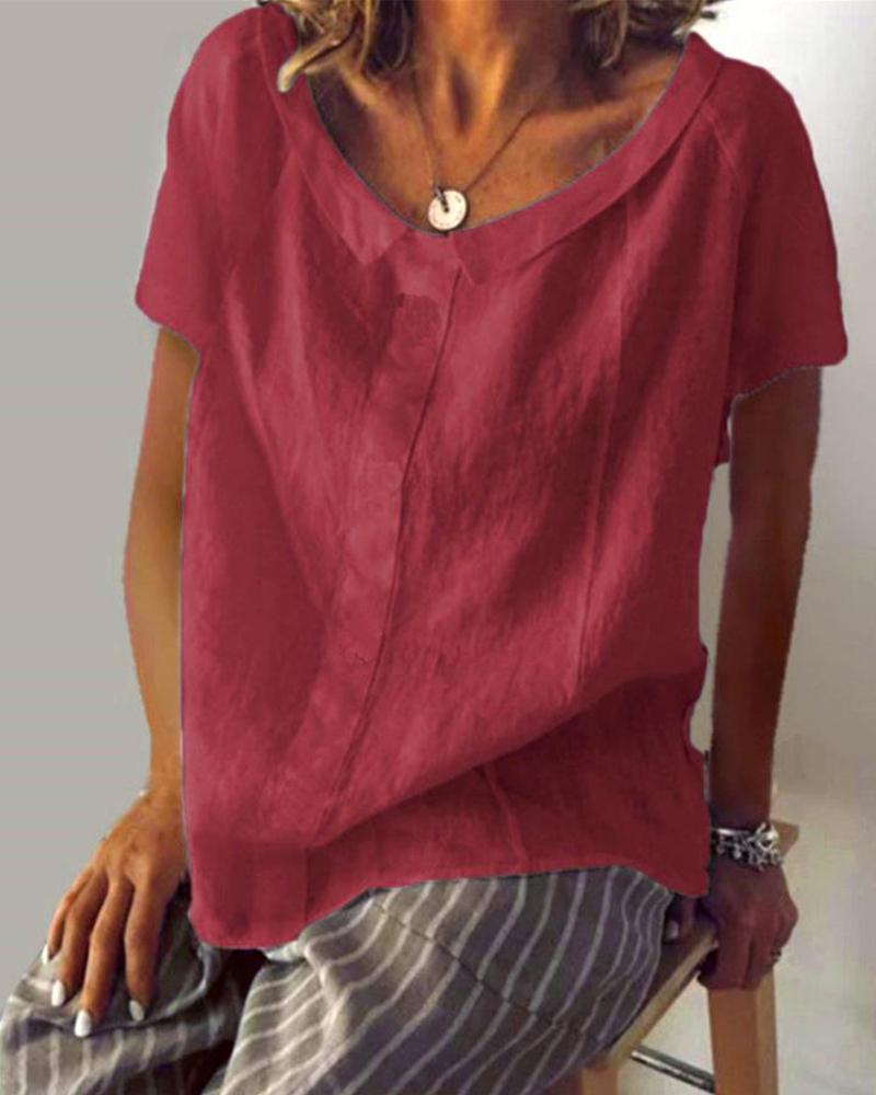 

Linen Blend Short Sleeve Top, Red