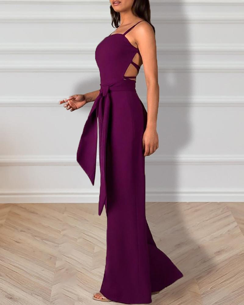 

Spaghetti Strap Lace-Up Backless Jumpsuit, Purple