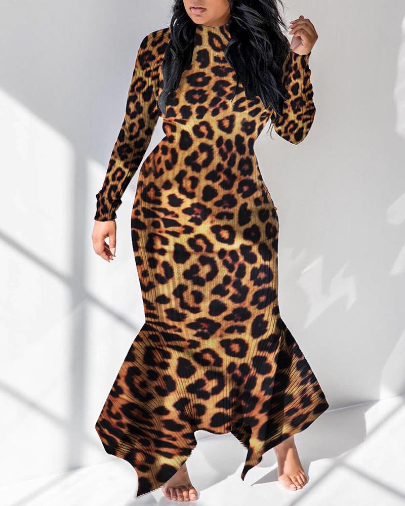 

Mock Neck Print Long Sleeve Irregular Hem Dress, Leopard