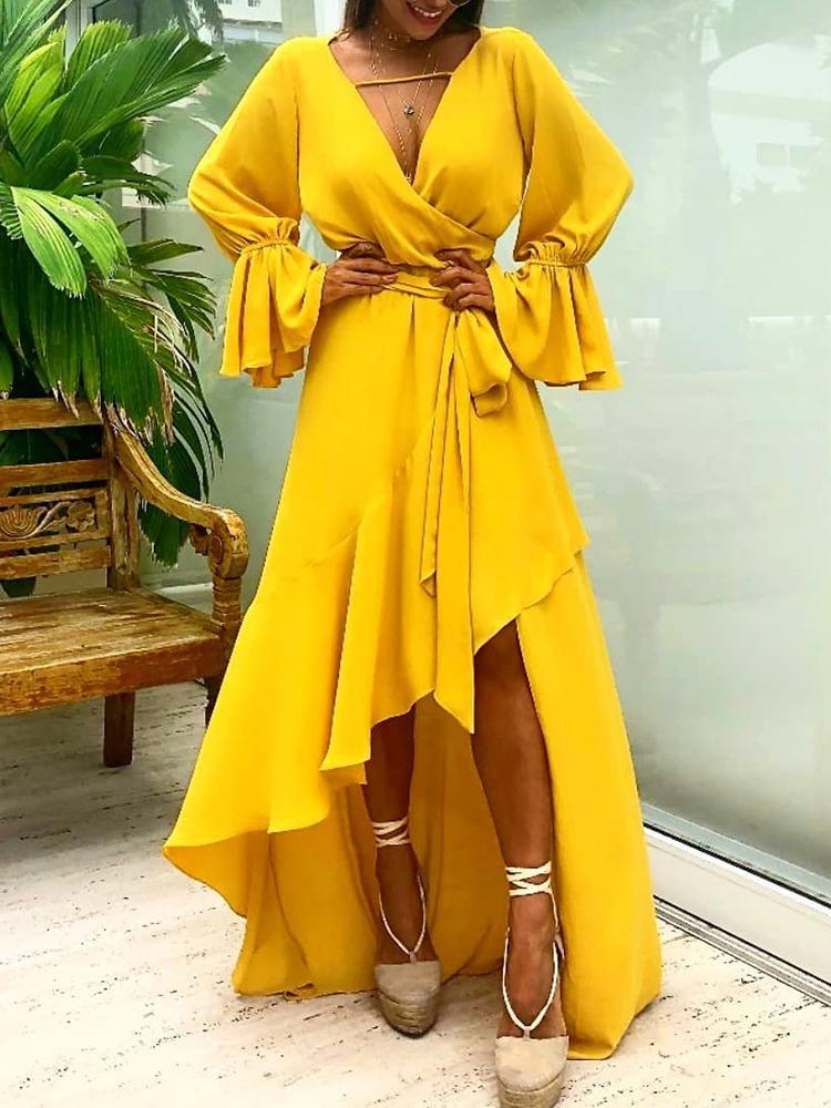 

Asymetrical Ruffle Tie Waist Dip Hem Wrap Dress, Yellow