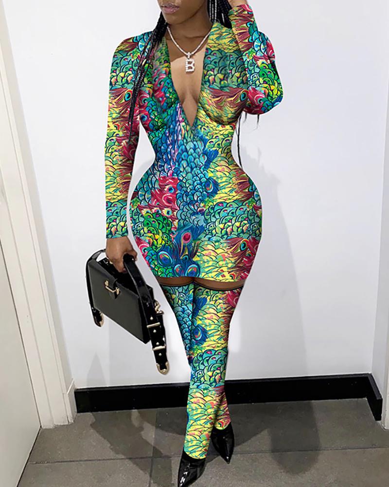 

Plunge Abstract Print Long Sleeve Bodycon Dress & Stocking Sets, Multicolor