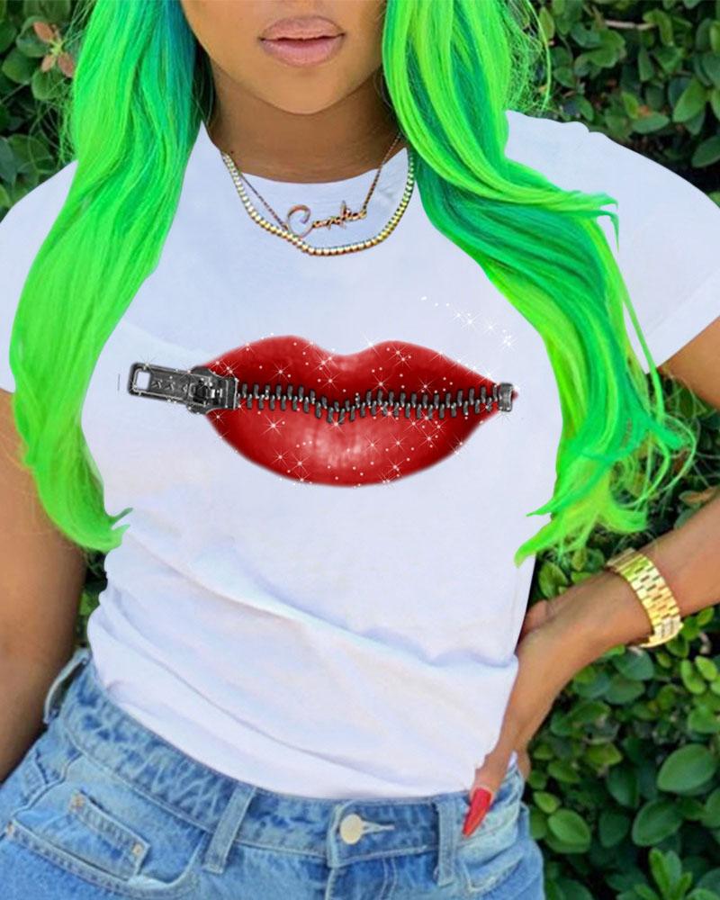 

Lip Zipper Print Short Sleeve Casual T-shirt, White