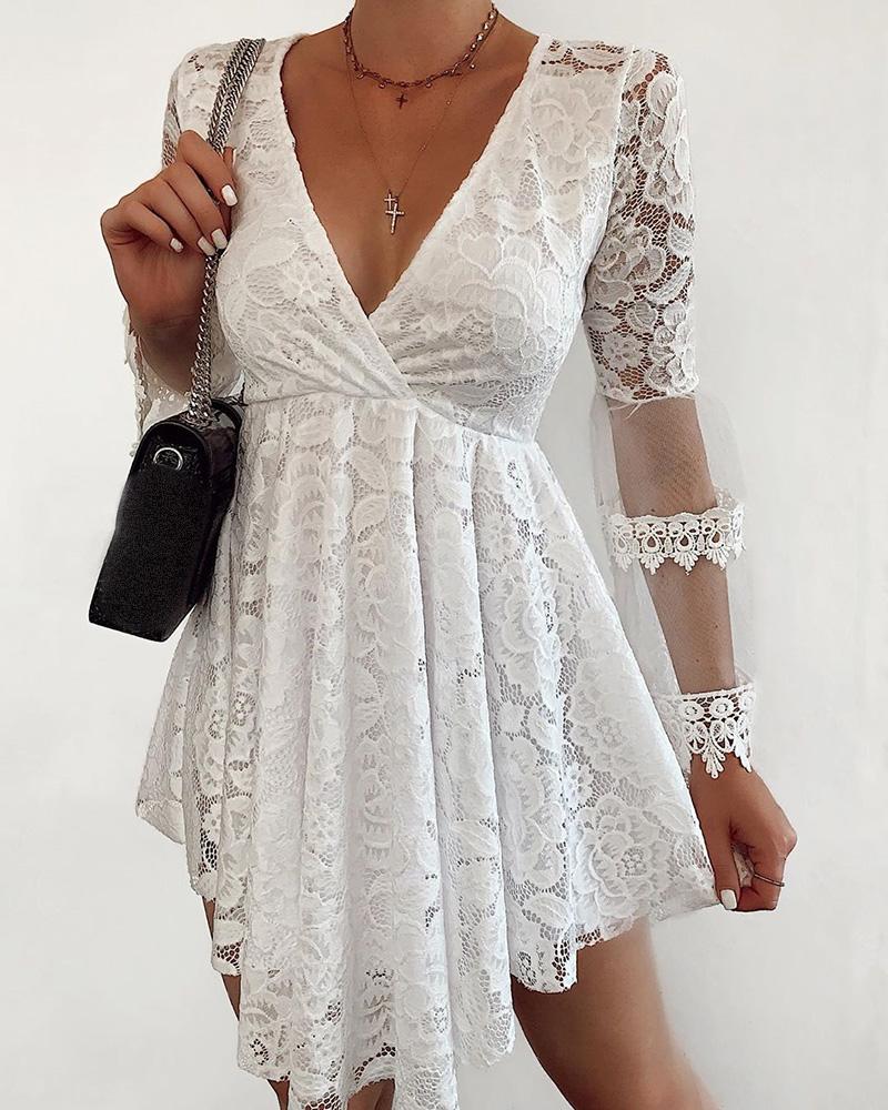 

V-neck Crochet Lace Irregular Casual Dress, White