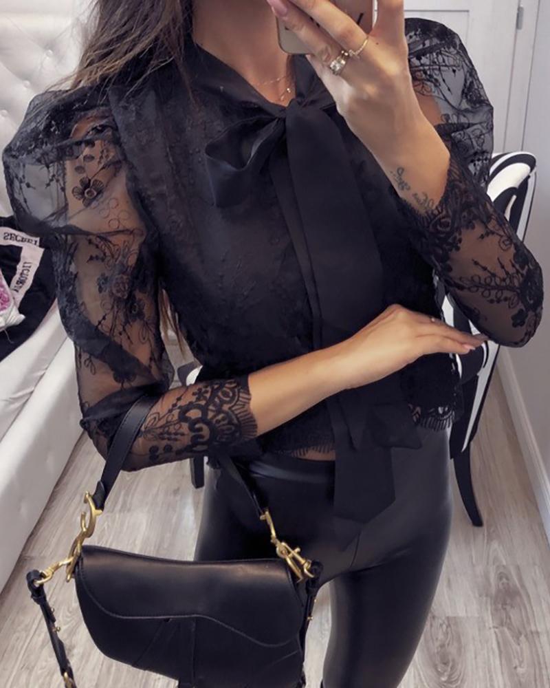 

Lace Puffed Sleeve Tied Neck Blouse, Black