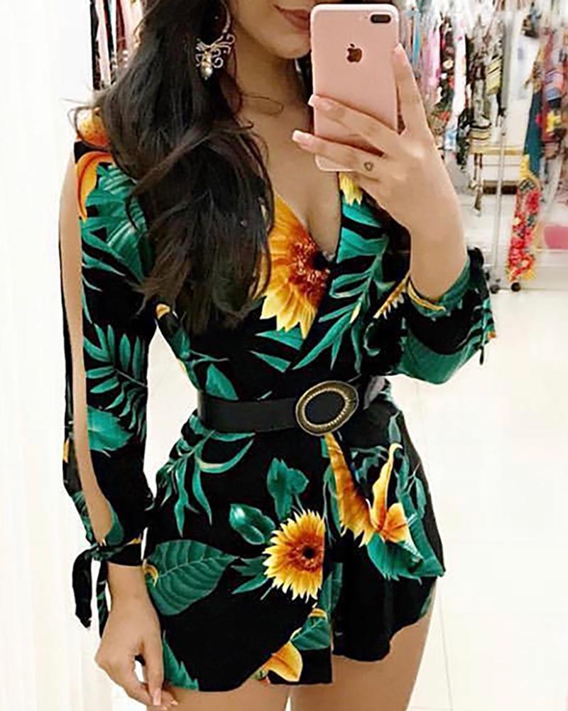 

Slit Sleeve Plant Print Casual Romper