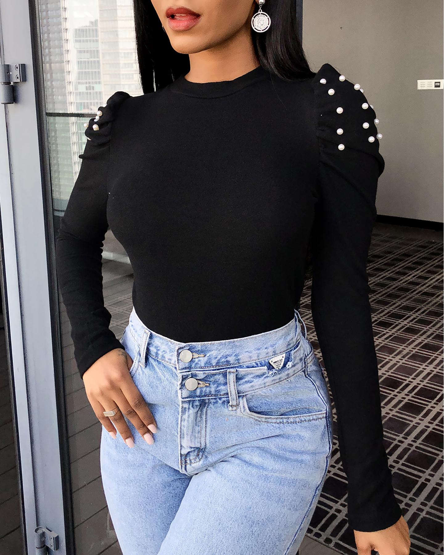 

Beaded Puff Sleeve Sweater, Black