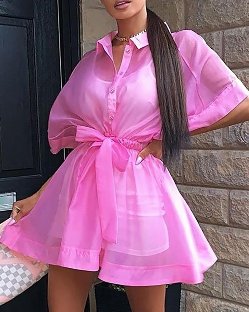 

Solid Sheer Mesh Turn-down Collar Half Sleeve Ruffles Shirt Dress, Pink
