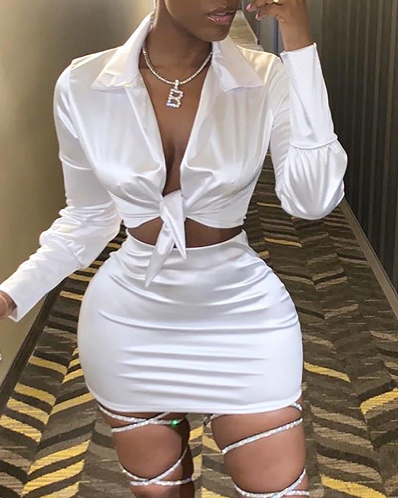

Satin Tie Front Crop Top & Skirt Sets, White