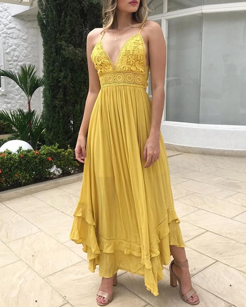 

Crochet Lace Bodice Ruffles Plunge Maxi Dress, Yellow