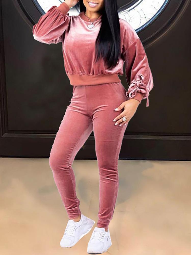 

Solid Velvet Tied Sleeve Binding Tracksuits, Pink