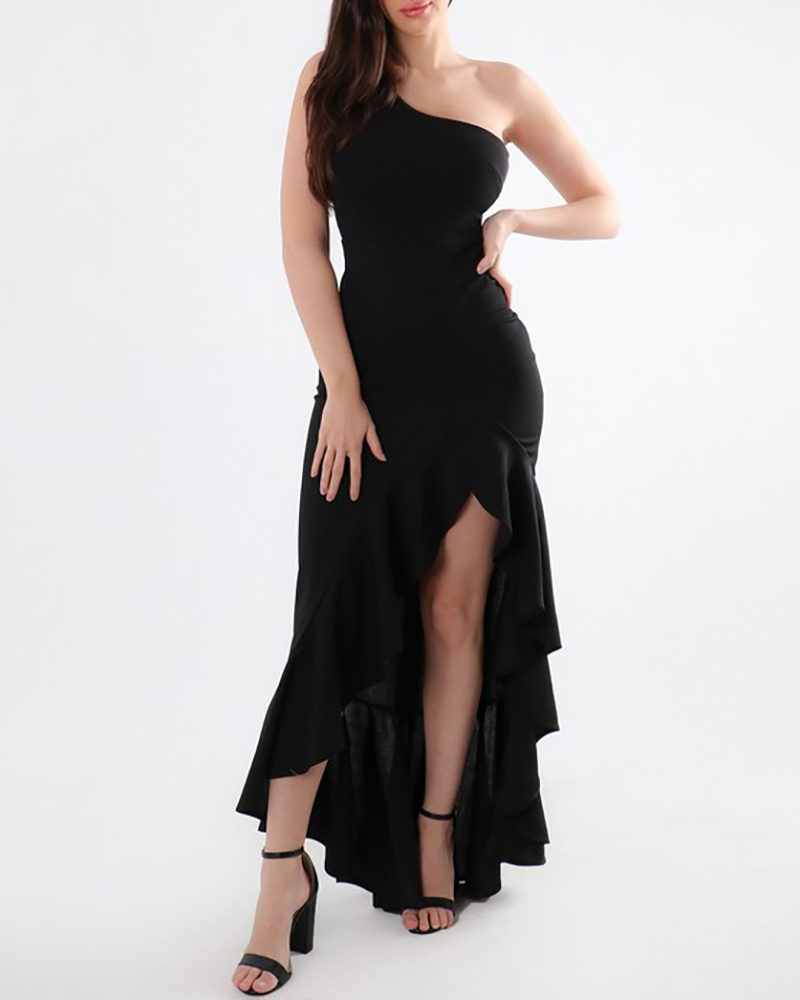 

One Shoulder Asymmetrical Ruffled Hem Mermaid Dress