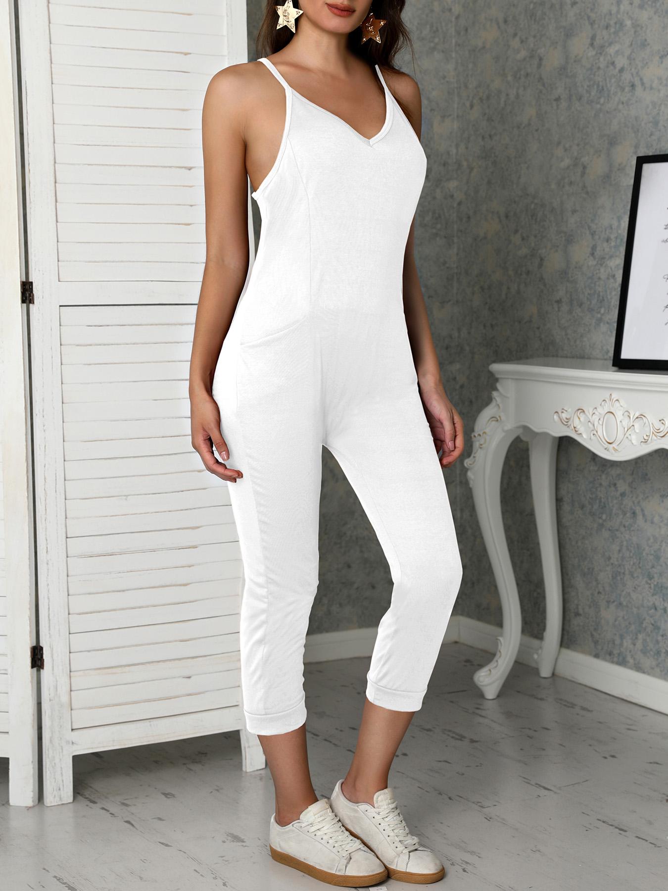 

Solid Racer-Back Loose Slip Casual Jumpsuit, White