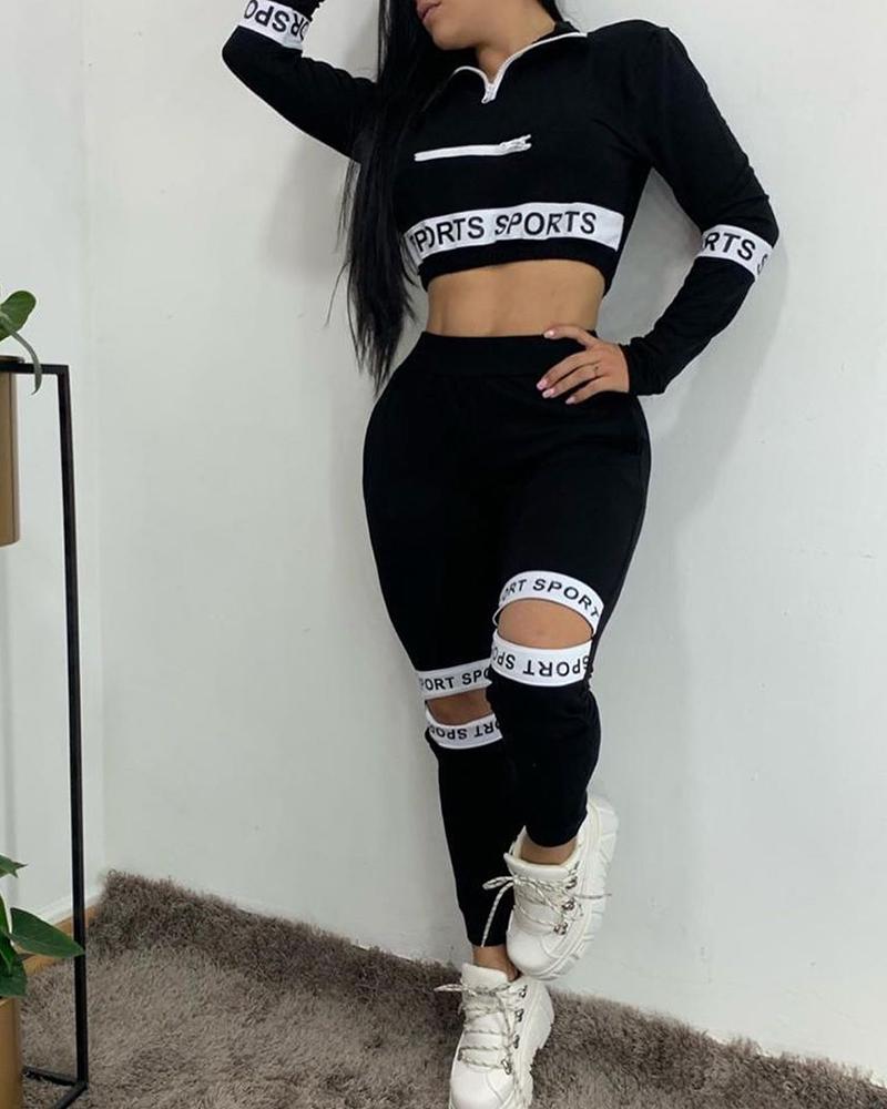 

Letter Print Zip Crop Top & Cutout Pants Set, Black
