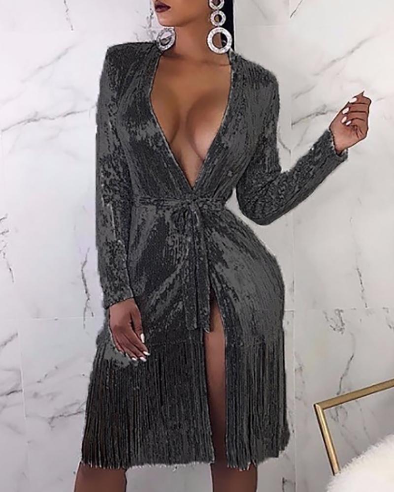 

Tassel Design Sequin Party Dress, Black