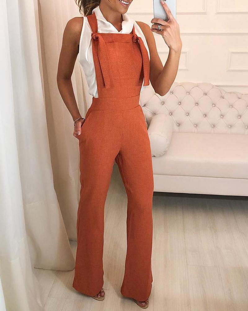 

Solid Eyelet Knotted Detail Suspender Jumpsuits
