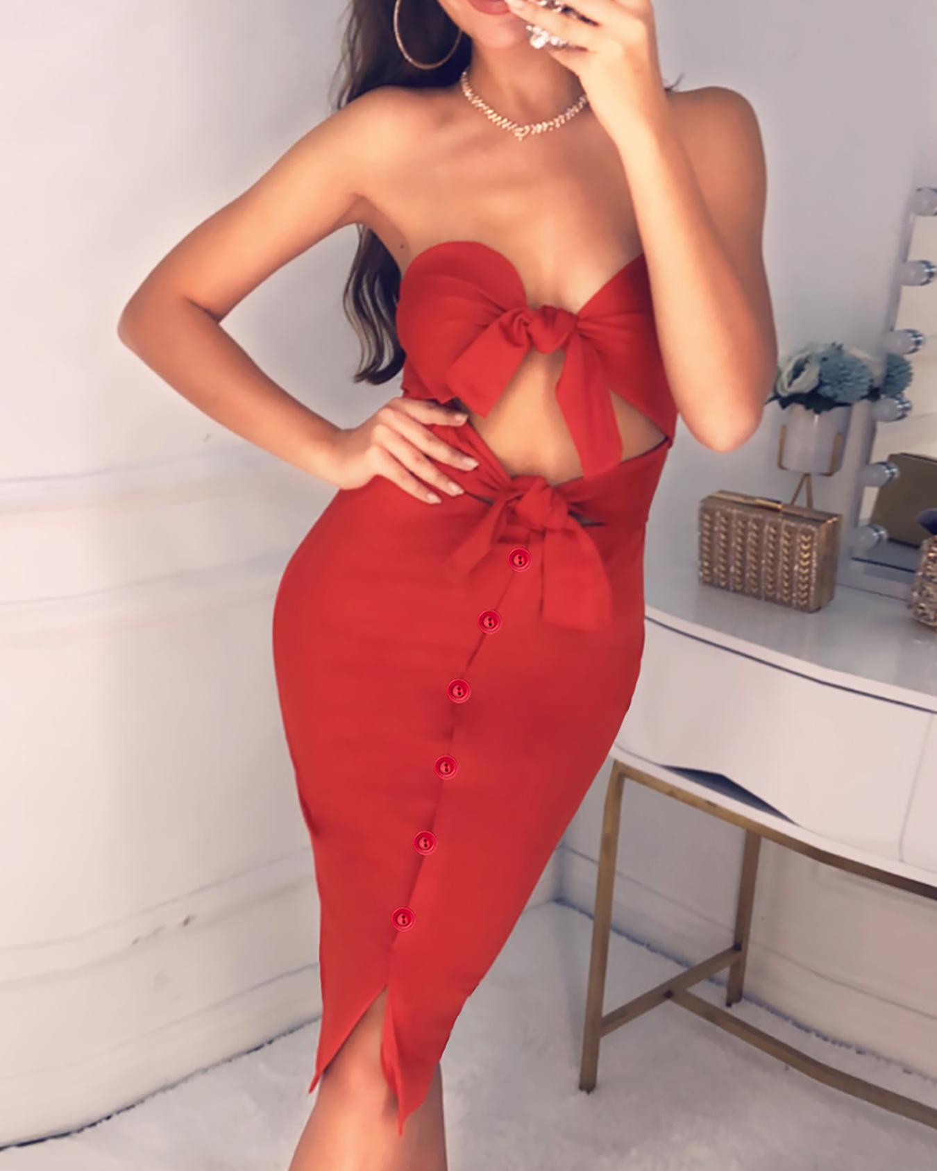 

Knotted Front Cut Out Button Party Dress, Red