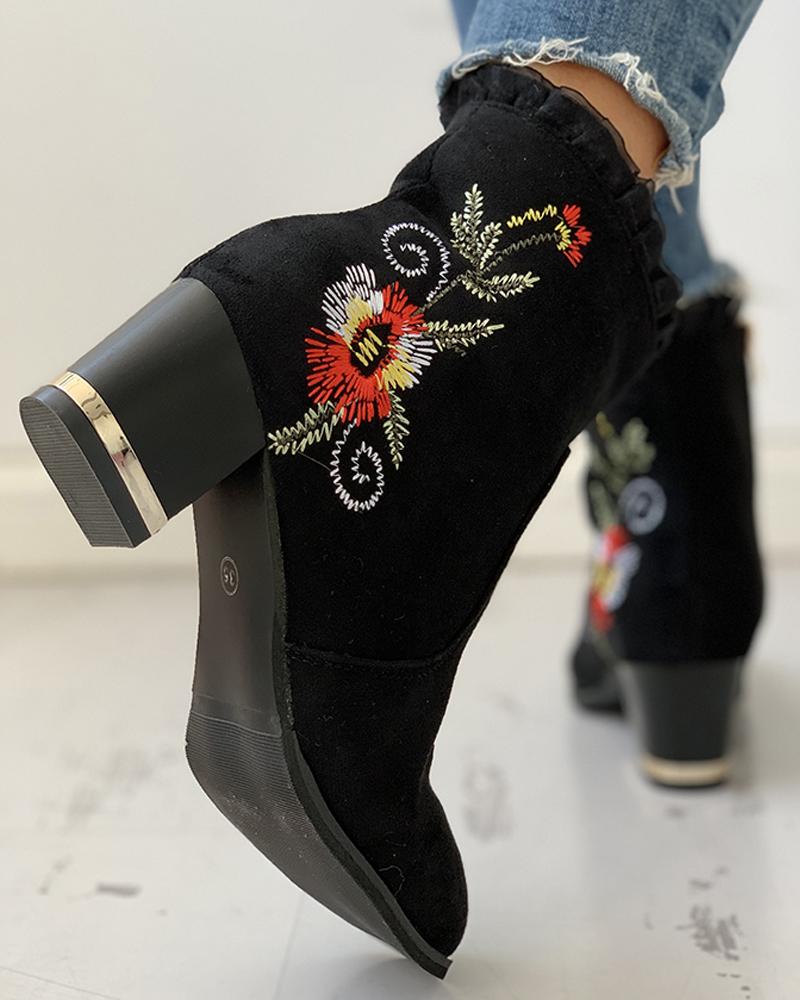 

Suede Embroidery Zipper Chunky Heeled Boots, Black