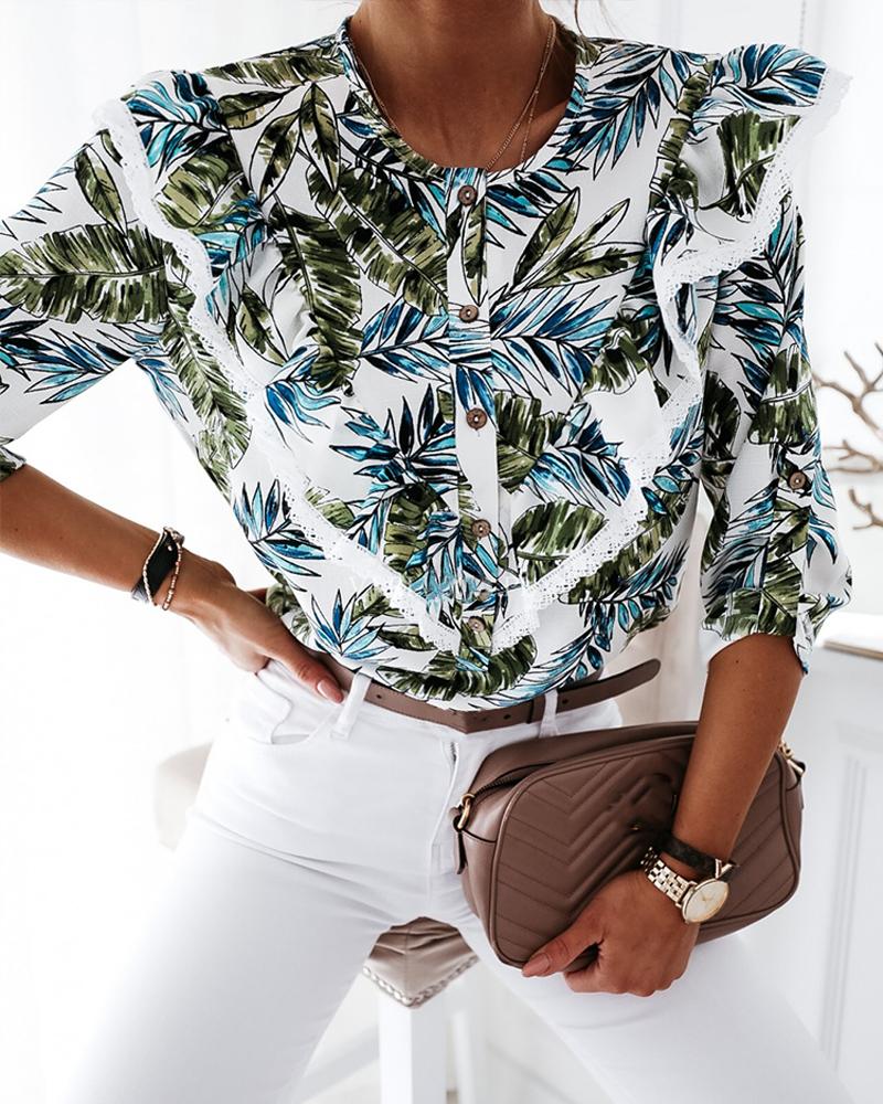 

Leaf Print Button Detail Blouse, Multicolor