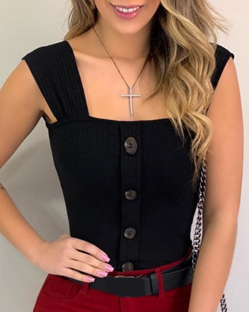 

Button Design Thick Strap Solid Top, Black