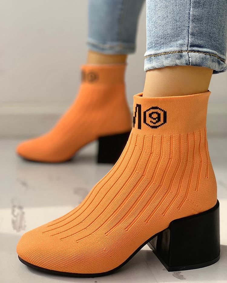 

Letter Knitting Chunky Heeled Sock Boots, Orange