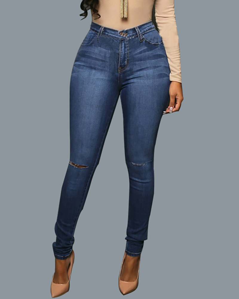

High Waist Ripped Skinny Zip Jeans, Blue
