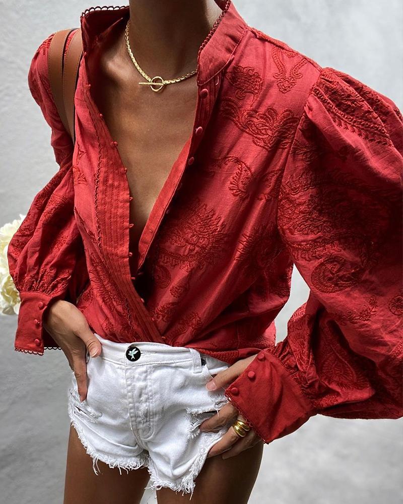 

Solild Long Palace Sleeve Loose Splicing Blouse, Wine red