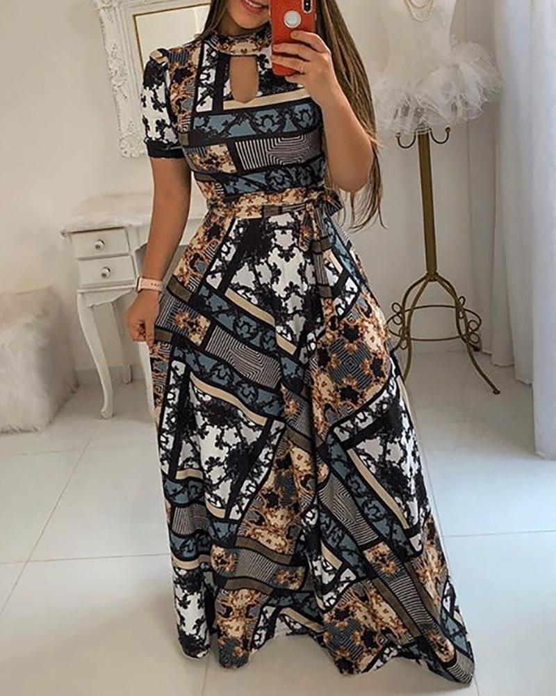 

Short Sleeve Print Maxi Dress, Blue