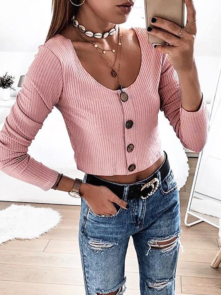 

Long Sleeve Button Detail Casual Top, Pink