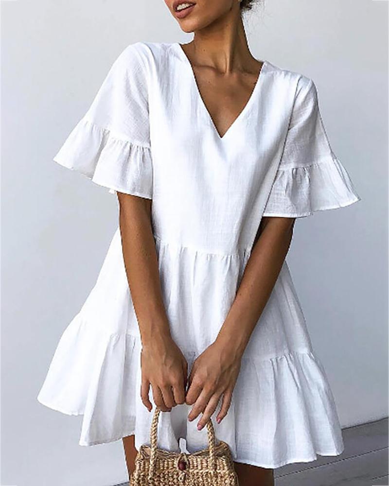 

Short Sleeve Ruffle Trim Skater Dress, White