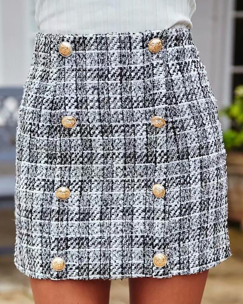 

Grid Double Breasted Mini Skirt, Gray