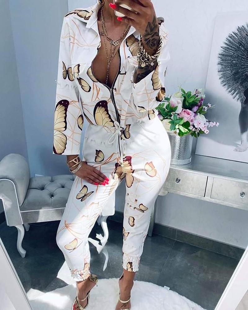 

Zipper Butterfly Print Casual Jumpsuit, White