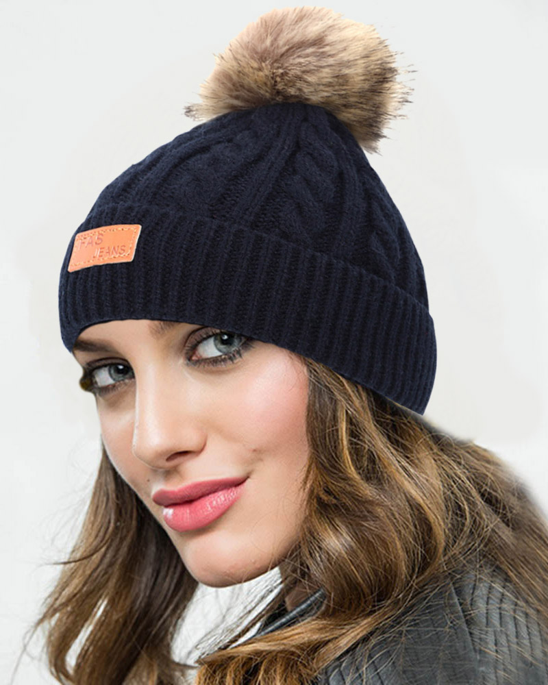 

Pom Pom Decor Braided Beanie, Dark blue