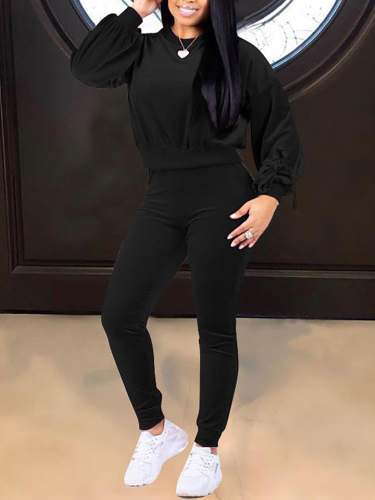 

Solid Velvet Tied Sleeve Binding Tracksuits