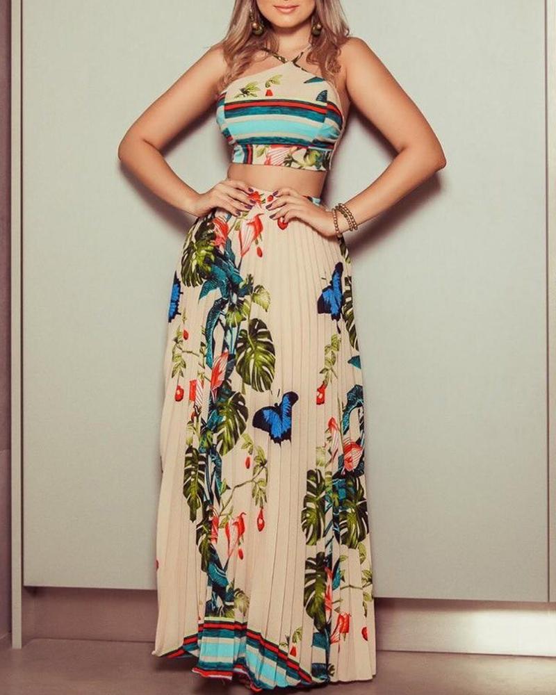 

Floral Print Halter Top & Pleated Maxi Skirt Sets