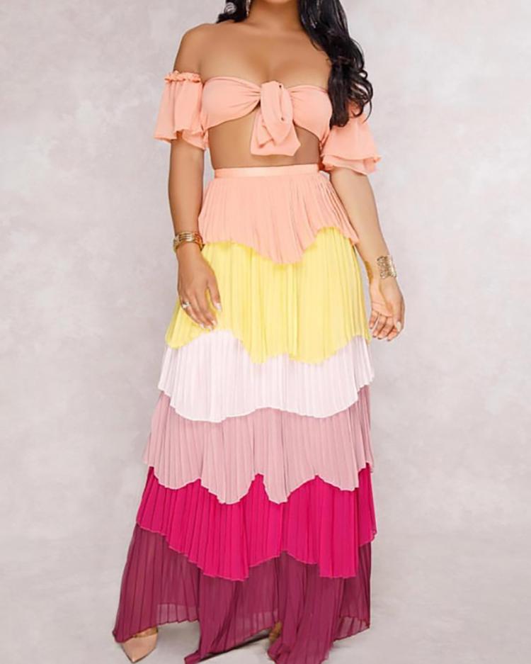 

Off Shoulder Crop Top & Maxi Layered Skirt Set