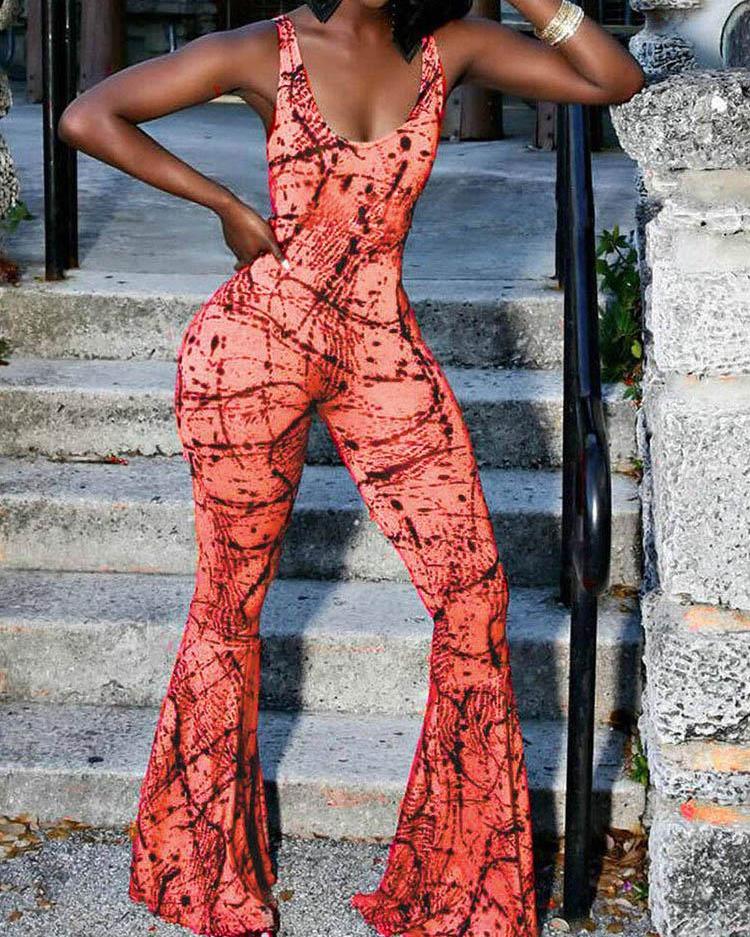 

Graffiti Print Slinky Flared Jumpsuit, Red