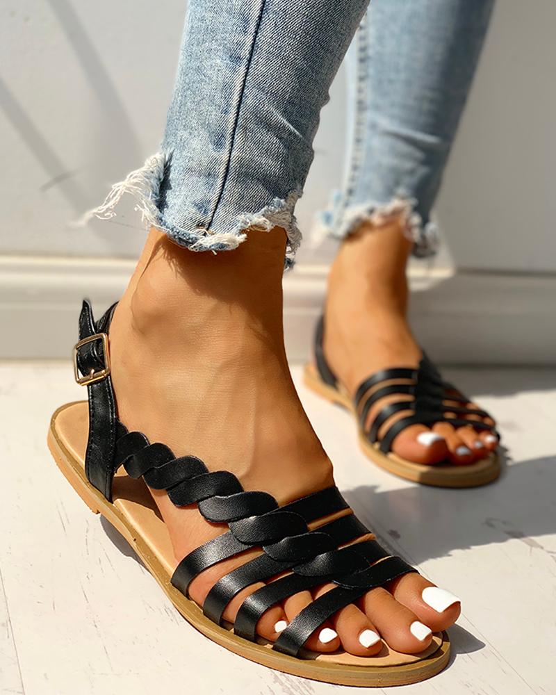 

Solid Hollow Out Open Toe Flat Sandals, Black