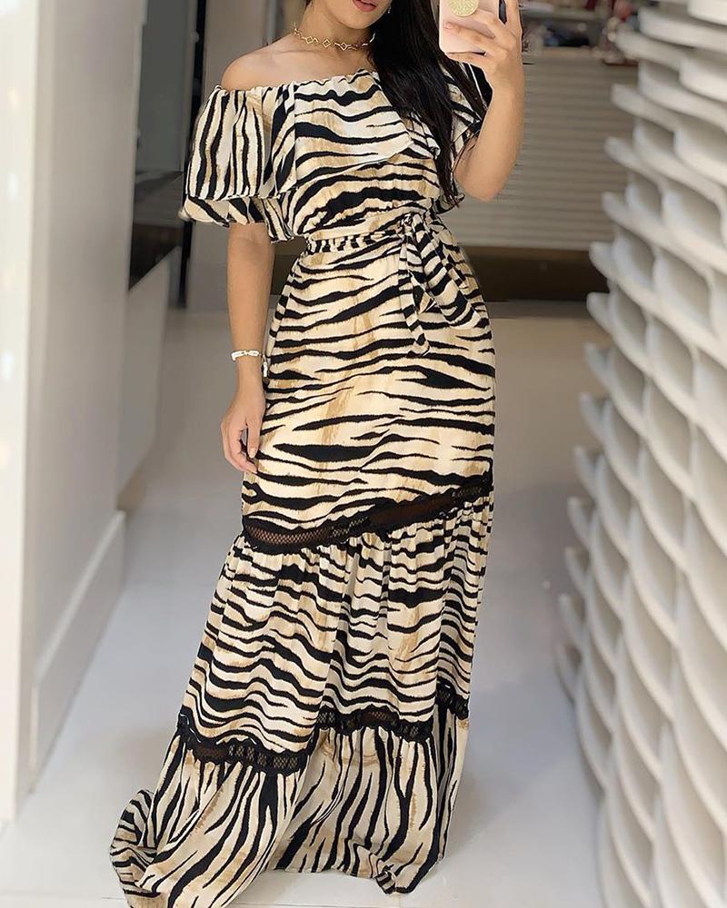 

Zebra Print Off Shoulder Ruffles Maxi Dress, Brown