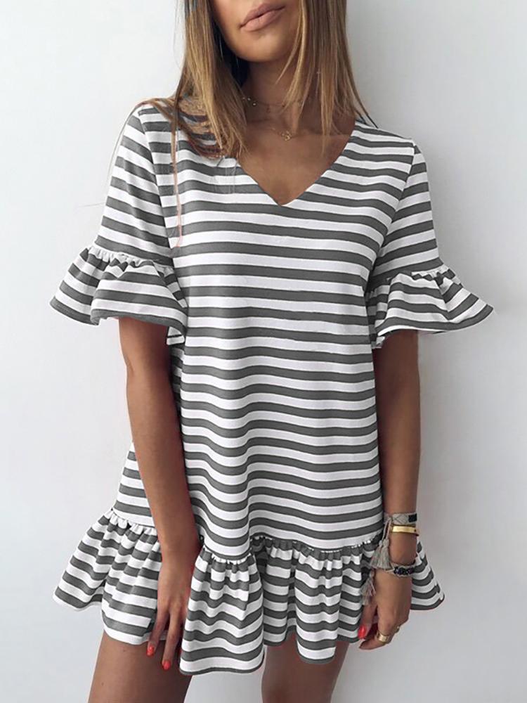 

Striped V-Neck Flutter Hem Casual Dress