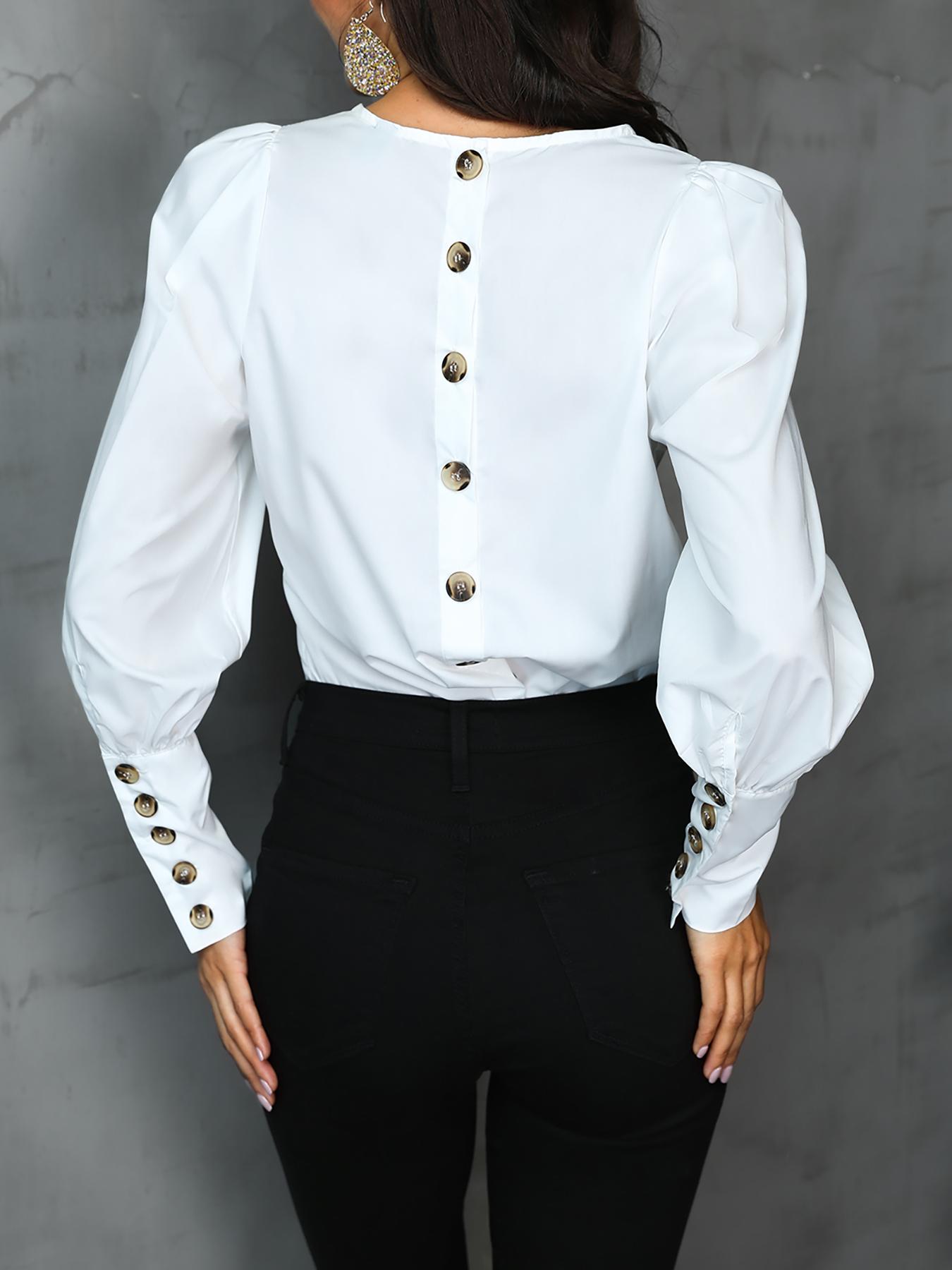 

Solid Button Design Long Sleeve Blouse, White