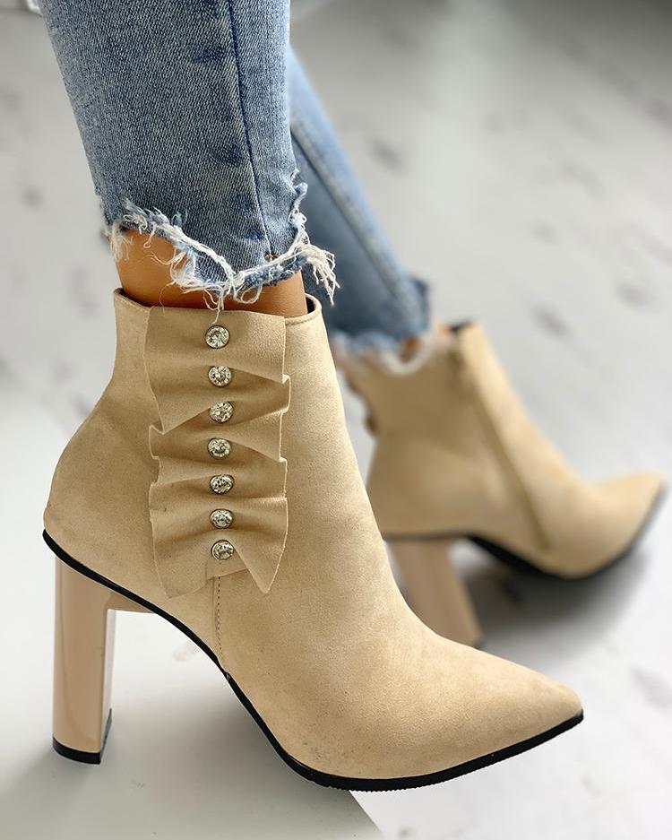 

Suede Pointed Toe Chunky Heeled Boots, Apricot