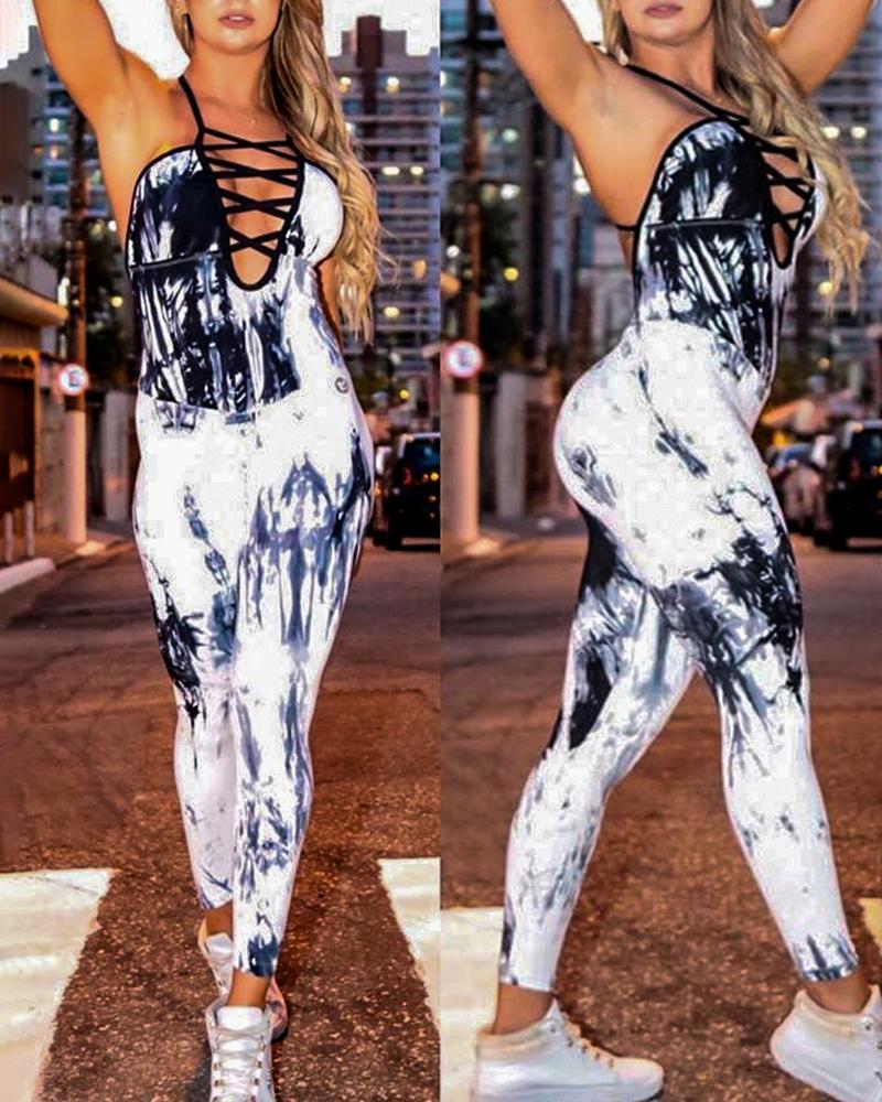 

Tie Dye Print Crisscross Backless Bandage Fitted Jumpsuit, Black
