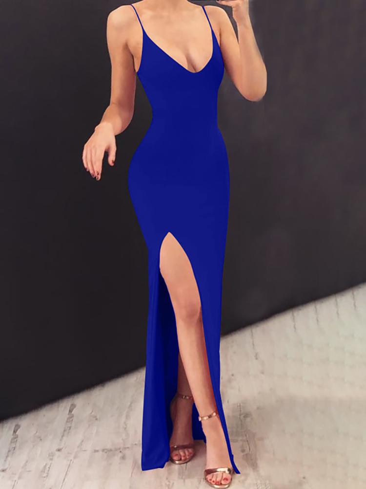 

Solid Spaghetti Strap Slit Maxi Dress, Blue