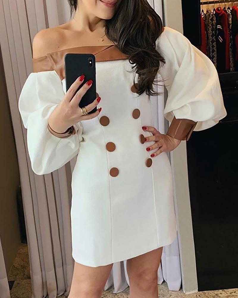 

Off Shoulder Lantern Sleeve Pu Insert Buttoned Dress, White