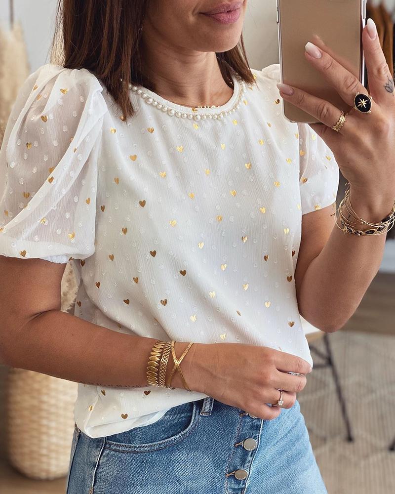 

Metallic Heart Print Puff Sleeve Top, White