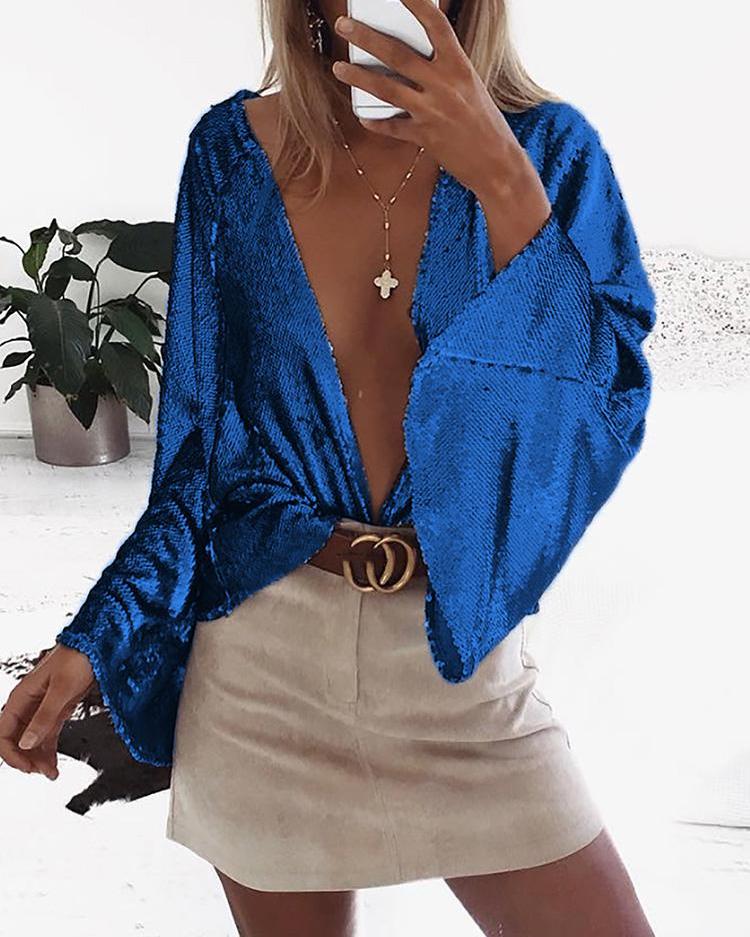 

Plunge Long Flared Sleeve Metalic Print Blouse, Blue